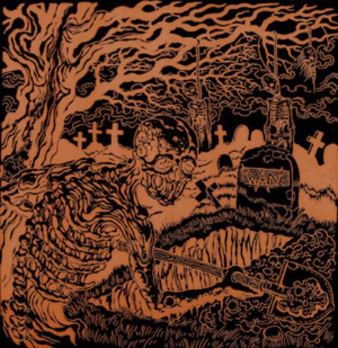Monochrome illustration of a graveyard scene with a wolf-like creature.