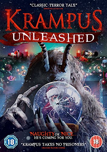 DVD cover featuring Krampus holding a broken snowglobe, with festive background and red title.