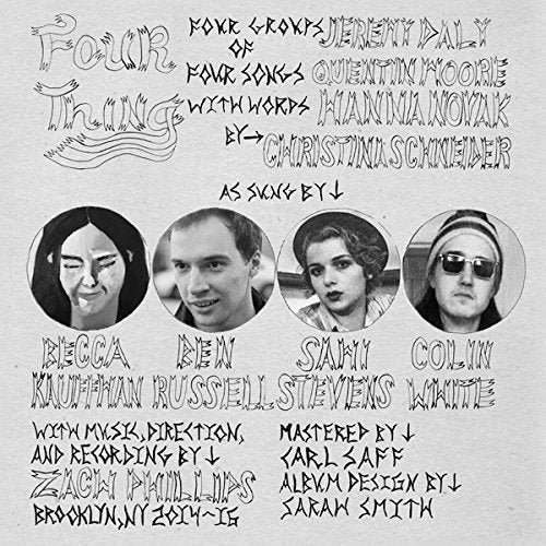"Black and white vinyl album cover with four circular portraits and stylized text."
