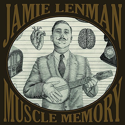 Album cover with man holding ukulele, surrounded by body parts, on brown background.