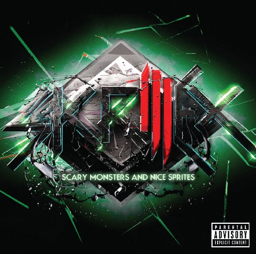 Skrillex album cover: shattered geometric design with red and green highlights.