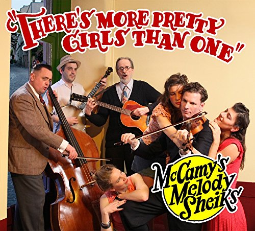 "CD cover featuring a band of men and women playing instruments and posing together."