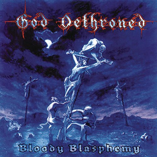 "Album cover art depicting crucified figure with three hooded figures, dark blue background."