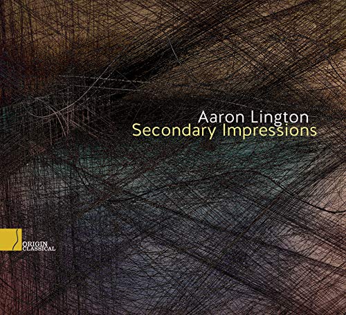 "Album cover with abstract black scribbles and text 'Aaron Lington Secondary Impressions'."