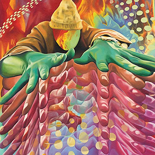 Vibrant image of green hands and arms emerging from colorful abstract background.