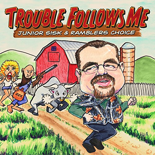 "Album cover art: cartoon man running from angry people, chicken, and rooster."
