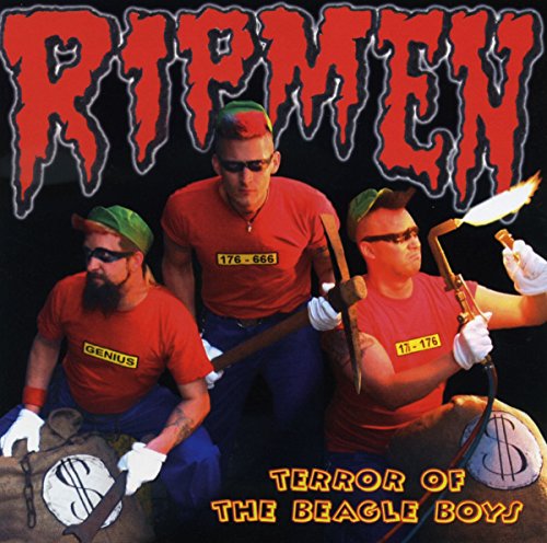 "CD cover art: three men in red shirts and caps, holding tools."