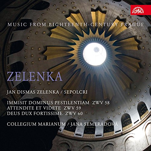 "CD cover with ornate ceiling and light, featuring 'Zelenka' in purple text."