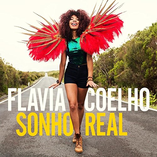 Flavia Coelho album cover, woman with red feather wings on a road.