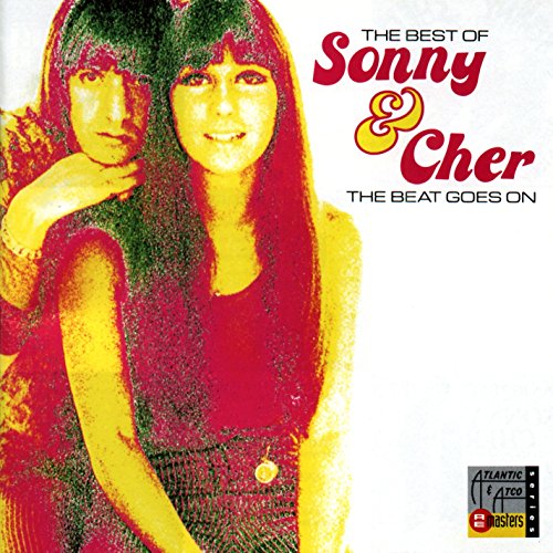 "Album cover with Sonny and Cher, red and yellow filter, white background, text 'The Best of'."