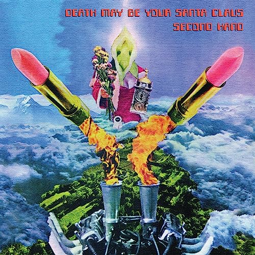Surreal album cover with Santa, clocks, lipstick rockets, and flames.