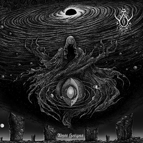 Black and white illustration of a figure before a swirling, cosmic abyss.