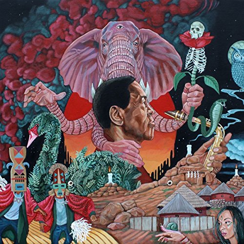 "Album cover with surreal illustration of a man holding a saxophone and rose."