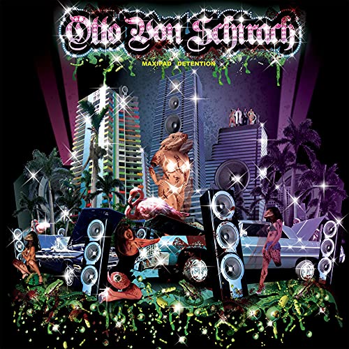 CD cover: Otto Von Schirach, neon city, dinosaur, and speakers.