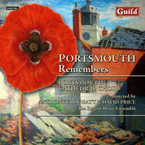 "CD cover with red poppy, church, and damaged roof, titled 'Portsmouth Remembers'."