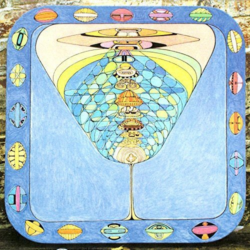 The image shows a blue CD with a colorful, abstract design. Alt text: Blue CD with abstract, multicolored design and various shapes.