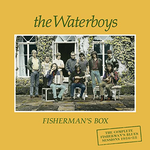 "Yellow album cover with a group of men posing outside a building."