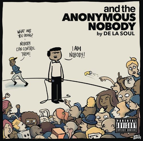 "Cartoon album cover with a man on stage and a crowd below."