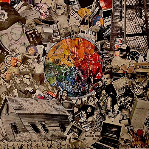 Collage of vintage images and a colorful, central wheel design.