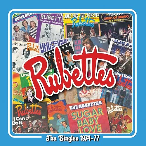 CD cover for The Rubettes’ singles compilation, 1974-77, with band photos.