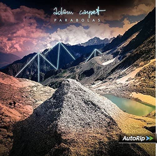 Album cover with mountain landscape, lake, and glowing parabola shapes under a cloudy sky.