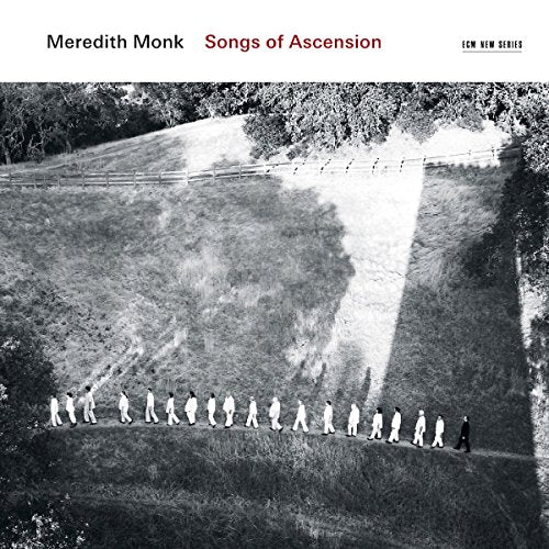 "Album cover with black-and-white photo of people walking in a line on a hillside."