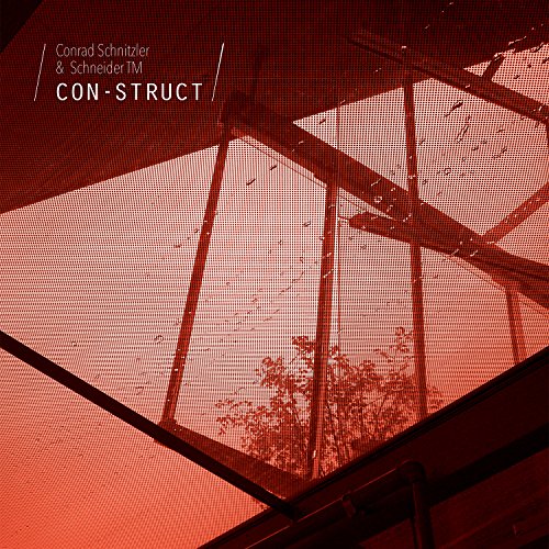 Red-toned album cover with a screen-like texture, showing a roof and trees.