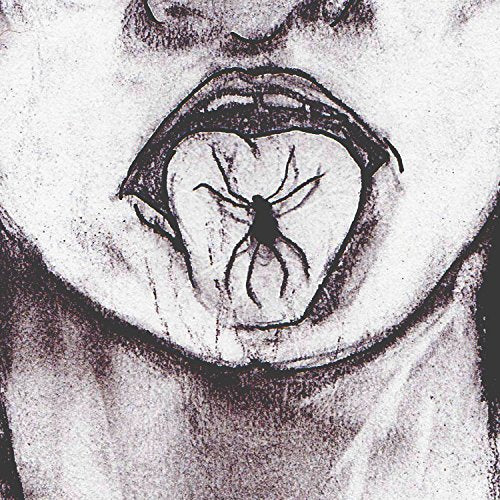Black and white sketch of an open mouth with a spider inside.