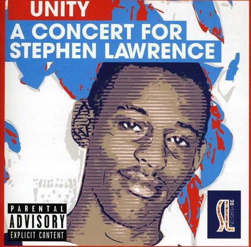 "CD cover art featuring a portrait of Stephen Lawrence with 'Unity' and 'Parental Advisory' labels."