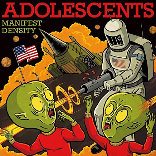 Album cover: Retro sci-fi illustration with aliens, a robot, and a rocket.