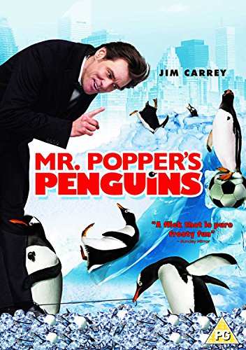 Movie poster for "Mr. Popper's Penguins" featuring Jim Carrey and penguins.