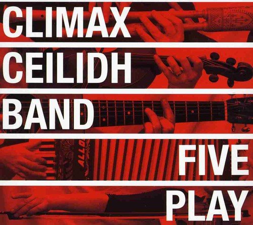 "Red-tinted album cover with white text and images of hands playing various musical instruments."