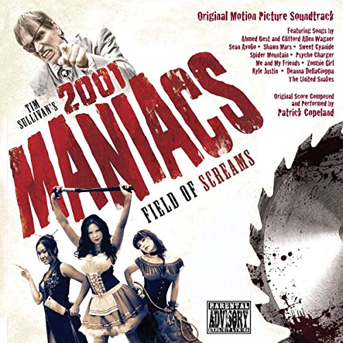"CD cover for '2001 Maniacs: Field of Screams' soundtrack featuring three women and a man."