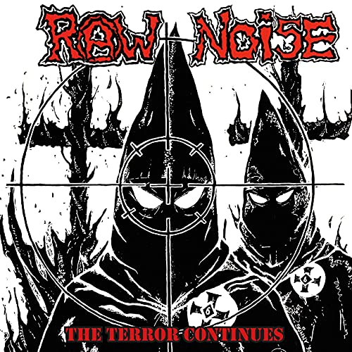 Black and white album art with hooded figures, a crosshair, and red text.