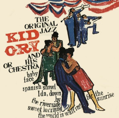 "Kid Ory album cover with dancing couple and jazz musicians, red, white, and blue bunting."