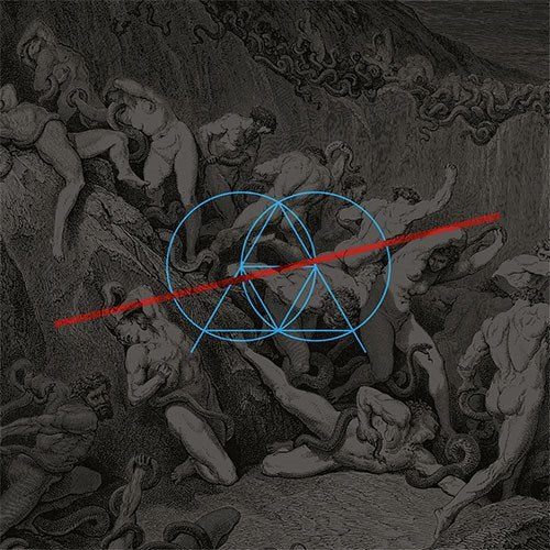 Engraved figures in torment with geometric shapes overlaid, album cover art.