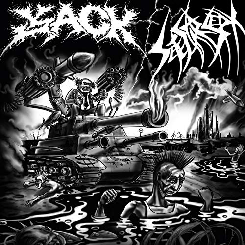 Black and white album cover depicting war, destruction, and a chaotic scene.