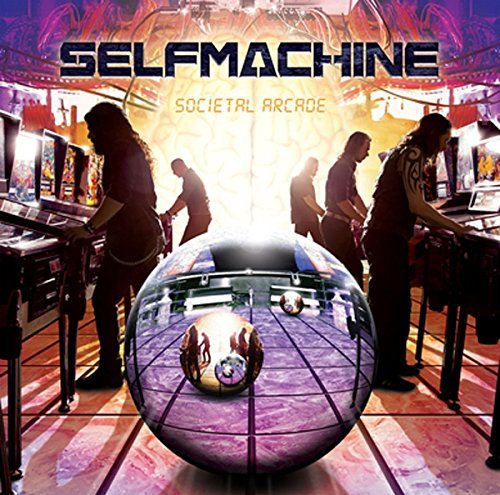 "Album cover with people playing arcade games, a large reflective sphere in the foreground."