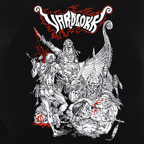 Black and white illustration of Viking warriors in battle, with red accents.