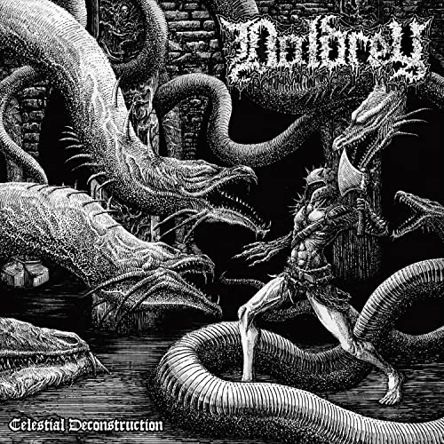 Black and white album cover featuring dragons, a warrior, and ornate lettering.