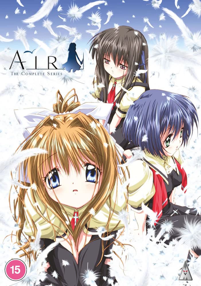 "Anime DVD cover featuring three girls surrounded by white feathers, with title 'Air'."