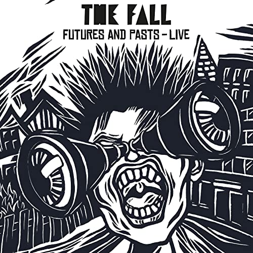 Black and white album cover for The Fall, featuring a screaming face and city.