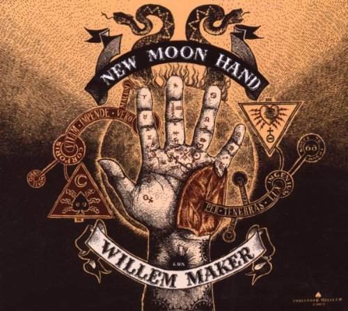 "Album cover with a hand surrounded by occult symbols and banners."