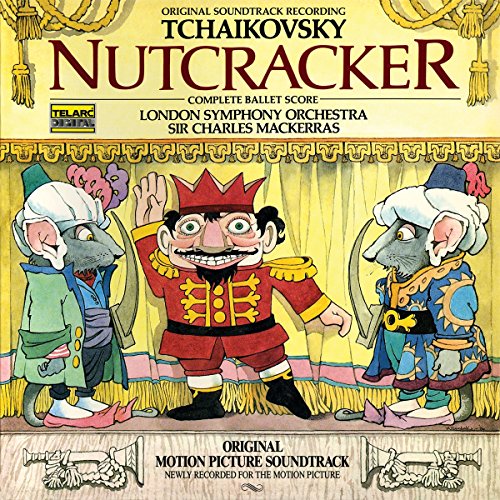 Nutcracker vinyl album cover with illustrated characters and gold text.