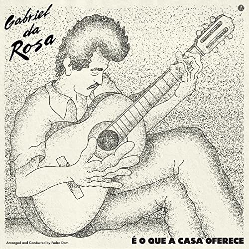 Sketch of Gabriel da Rosa playing an acoustic guitar on vinyl cover.