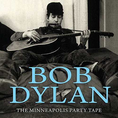 Black and white image of Bob Dylan playing guitar, with text overlay on a leather couch.