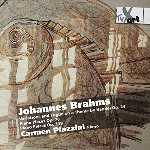 CD cover with abstract drawing and white text, featuring piano music by Johannes Brahms.