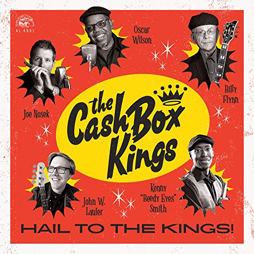 Red album cover with yellow center and five black and white musician portraits.