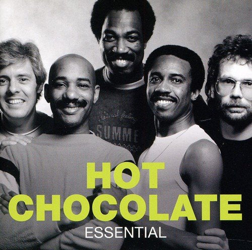 "Black and white image of Hot Chocolate band members with 'Hot Chocolate Essential' text overlay."