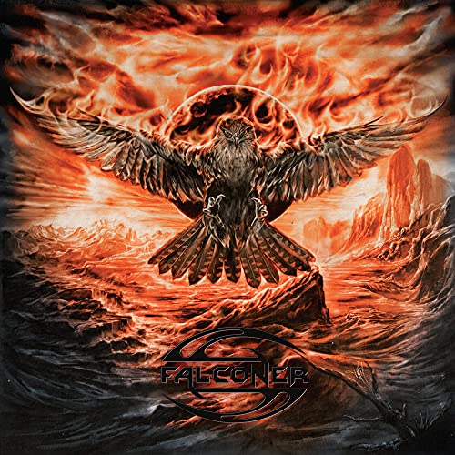 Falconer album cover: a falcon with outstretched wings before a fiery moon.